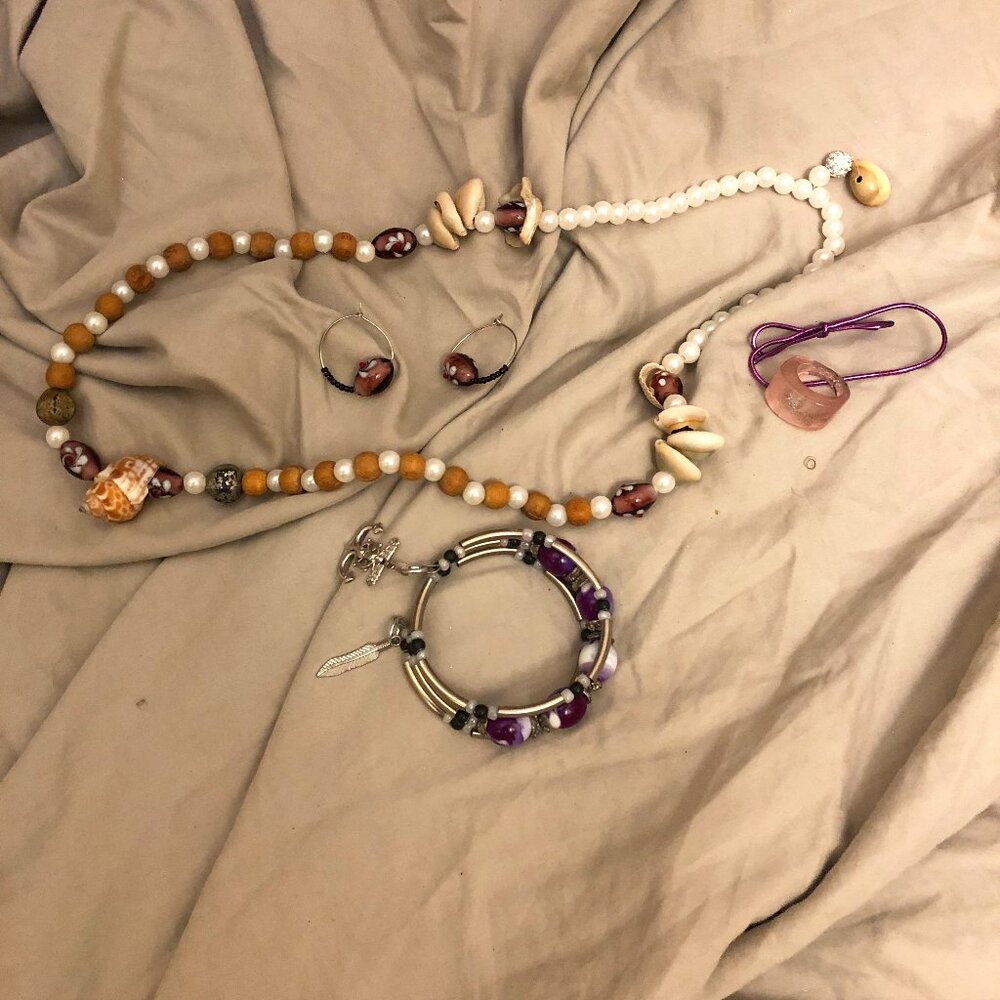 bundle sea shell necklace, bracelet, earring set, hair band, ring
